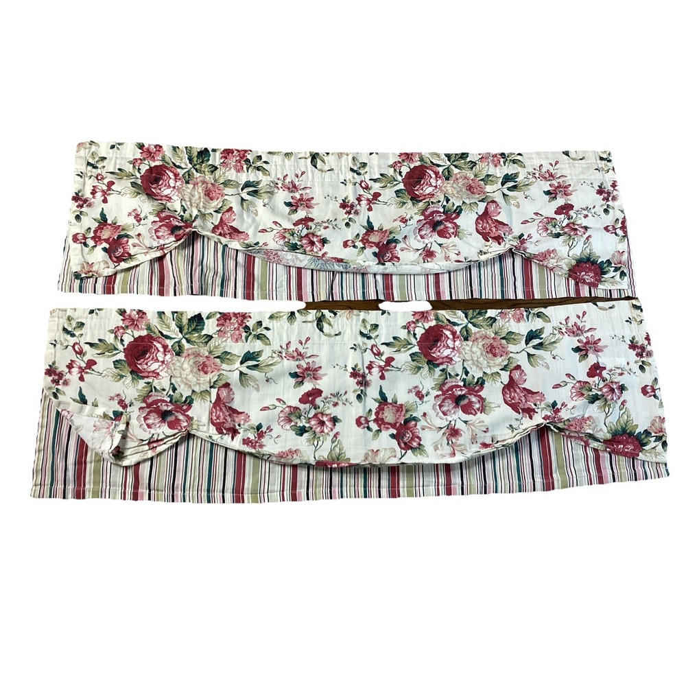 Vintage Window (2) Valences Floral Striped Pink Green Country Cabbage Rose 54"